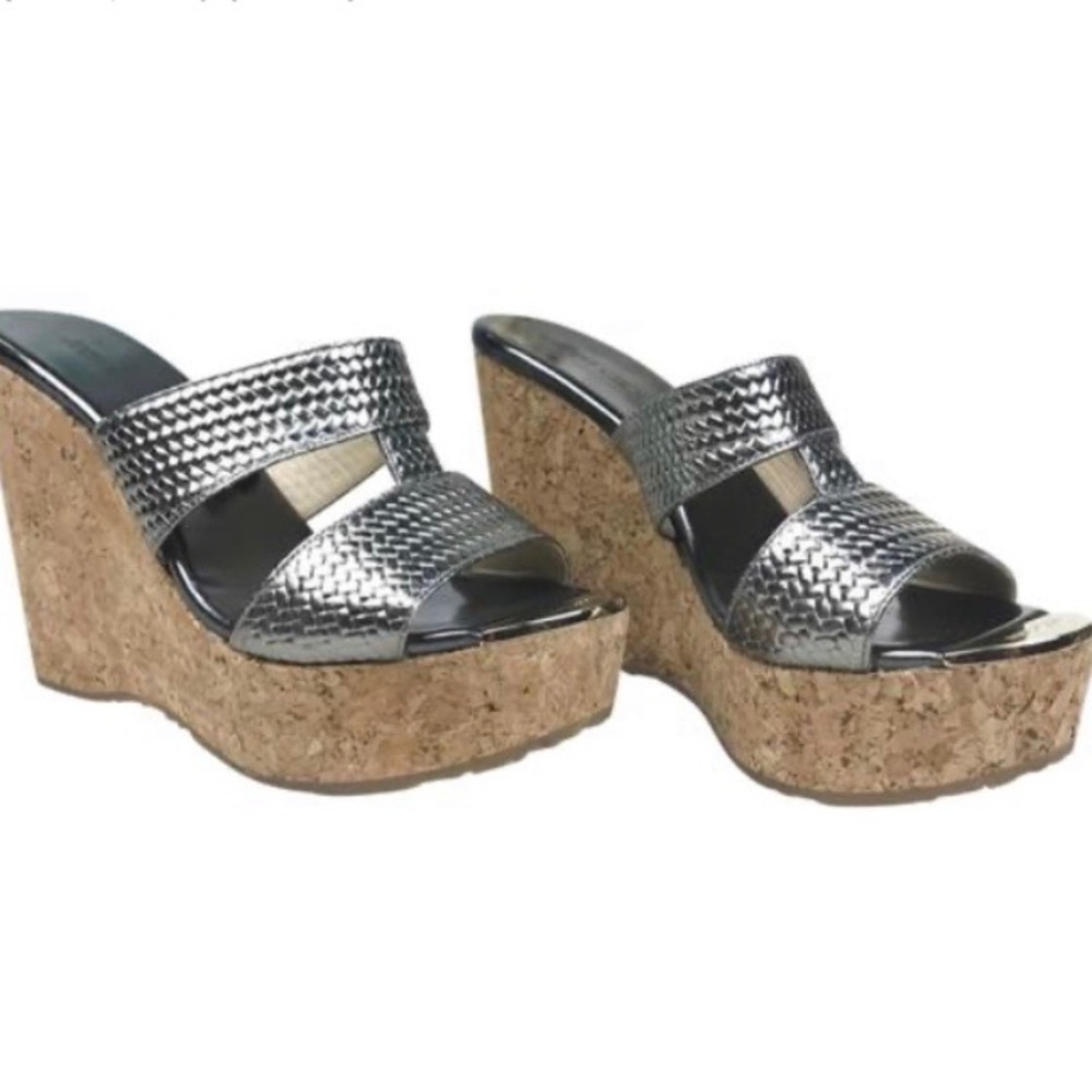 Silver Metallic Leather Cork Heels/Wedges
